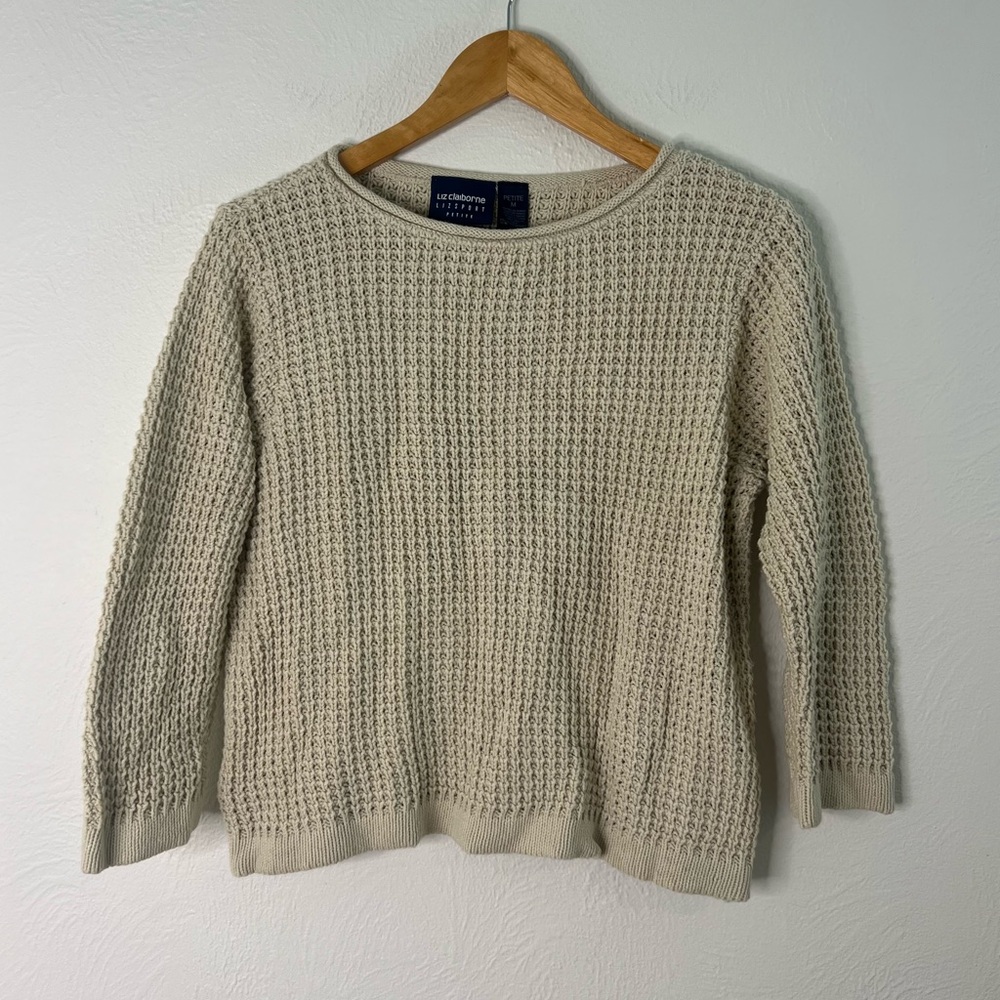 Vintage Liz Claiborne Knit Sweater Crewneck Beige Textured Pullover Size PM